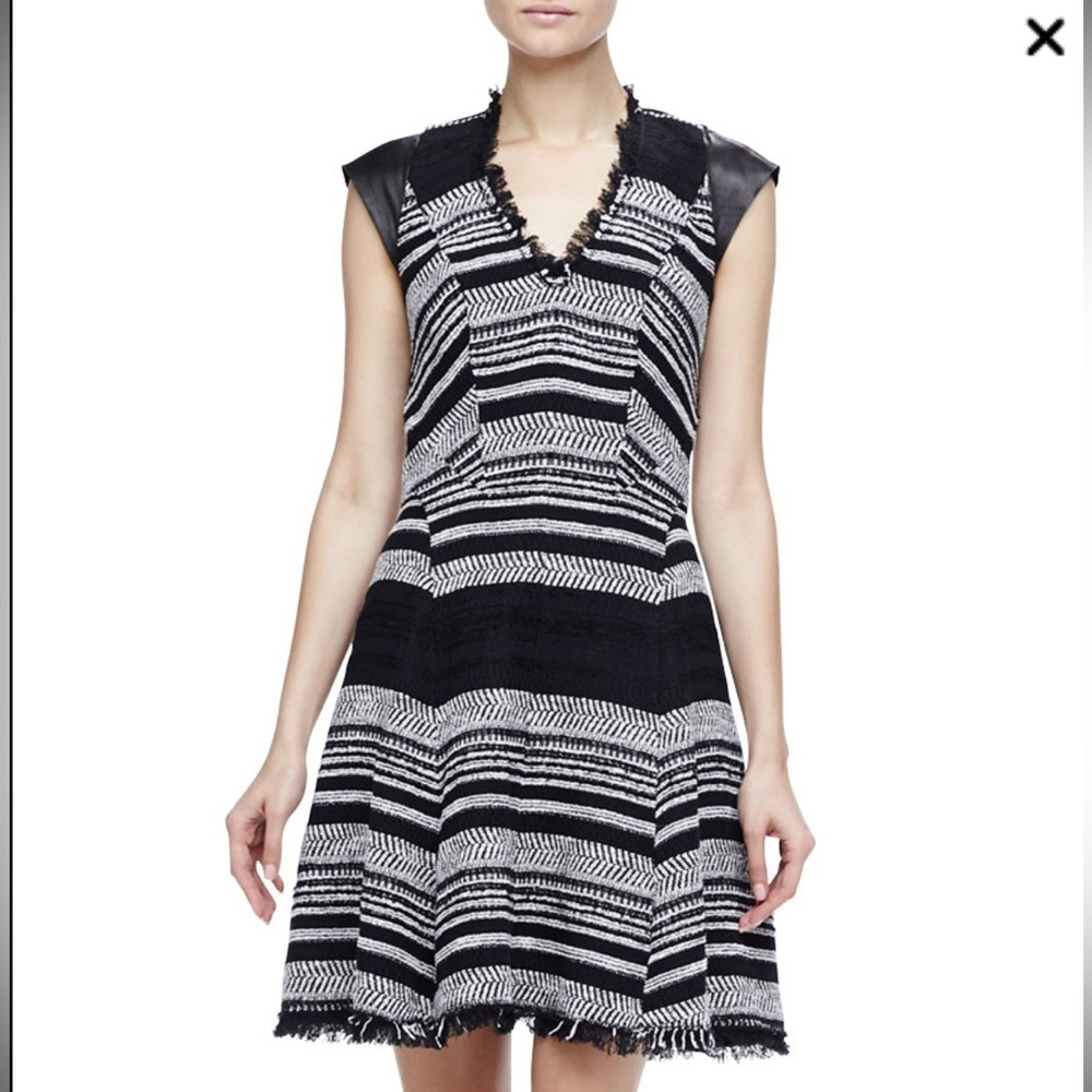 Rebecca Taylor Black White Tweed stripe leather cap sleeve Midi flare Dress 6